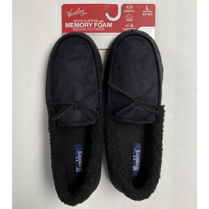 Mens Moccasin Slippers Shoes Black Memory Foam Indoor Outdoor Size L 9.5-10.5